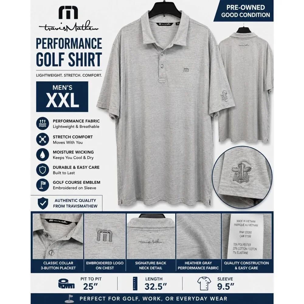 Travis Mathew Performance Polo Shirt Men’s XXL Gray Golf Casual Stretch